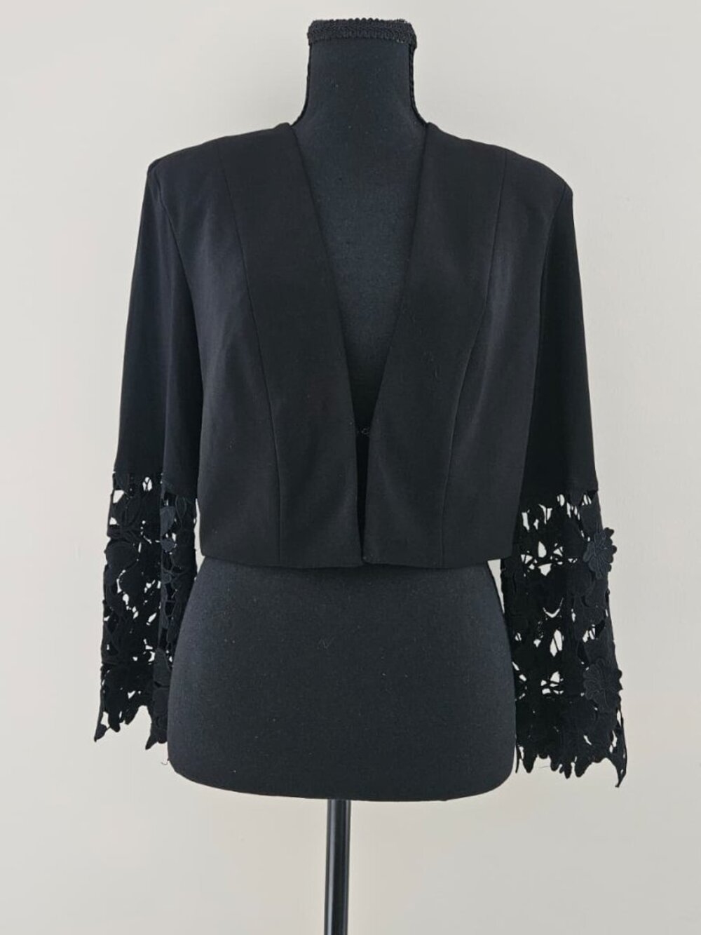 Frank Lyman Black Crop Jacket with Lace Floral Sleeves